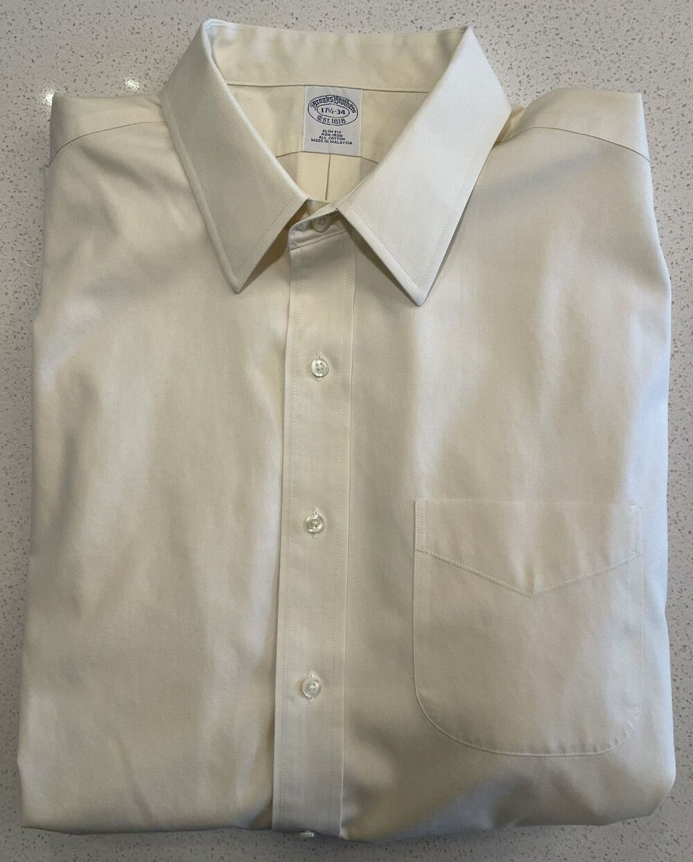 Brooks Brothers Dress Shirt Mens 17 1/2 34 Non-Iron Slim Fit Light Yellow